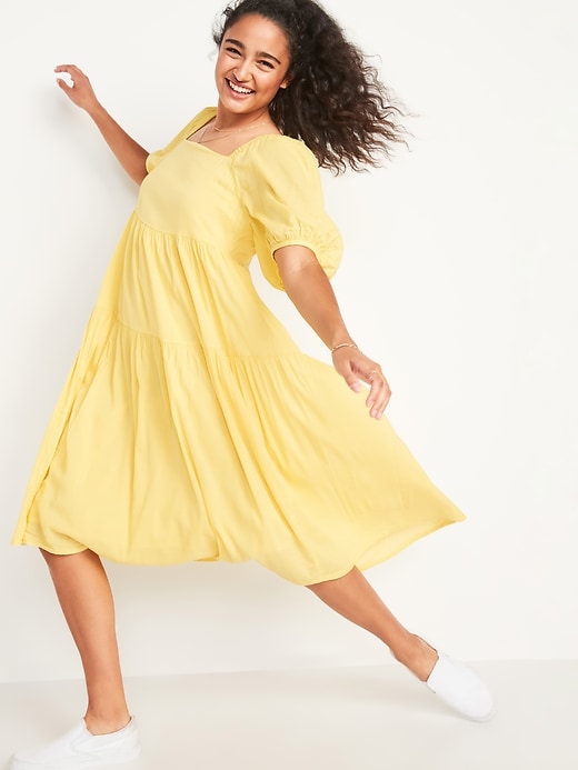 View large product image 1 of 2. Puff-Sleeve Midi Swing Dress