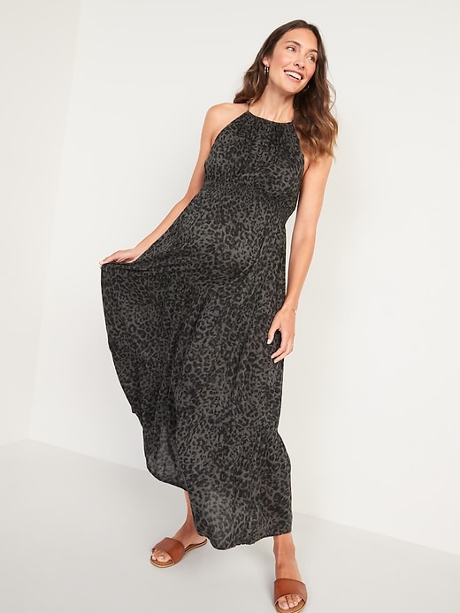 Image number 1 showing, Maternity Sleeveless Tiered Leopard-Print Maxi Swing Dress
