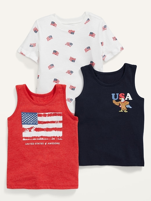 View large product image 1 of 2. Unisex Americana Tank Tops & T-Shirt 3-Pack for Toddler