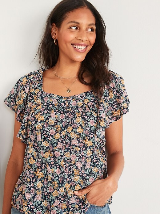 Image number 1 showing, Oversized Floral-Print Square-Neck Top for Women