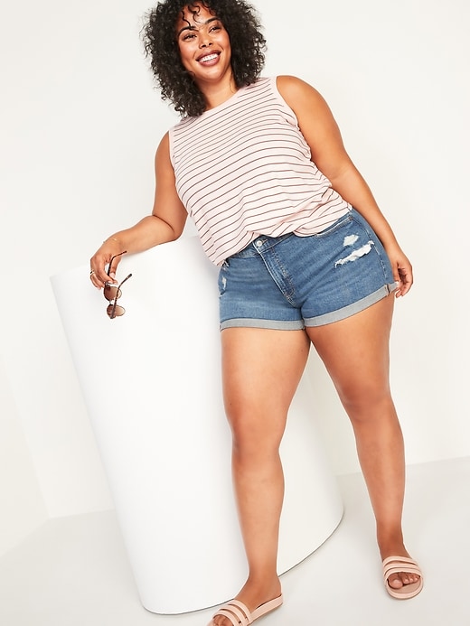 Image number 3 showing, High-Waisted Secret-Smooth Pockets O.G. Straight Plus-Size Ripped Jean Shorts -- 3-inch inseam