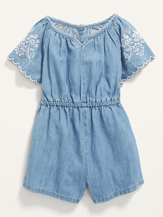 View large product image 1 of 2. Embroidered Chambray Flutter-Sleeve Romper for Toddler Girls