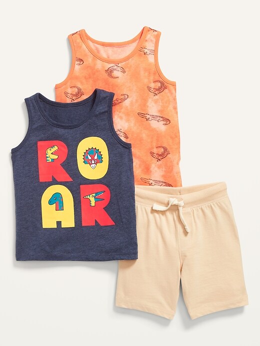 View large product image 1 of 1. Unisex Graphic Tank Tops & Jogger Shorts 3-Pack for Toddlers