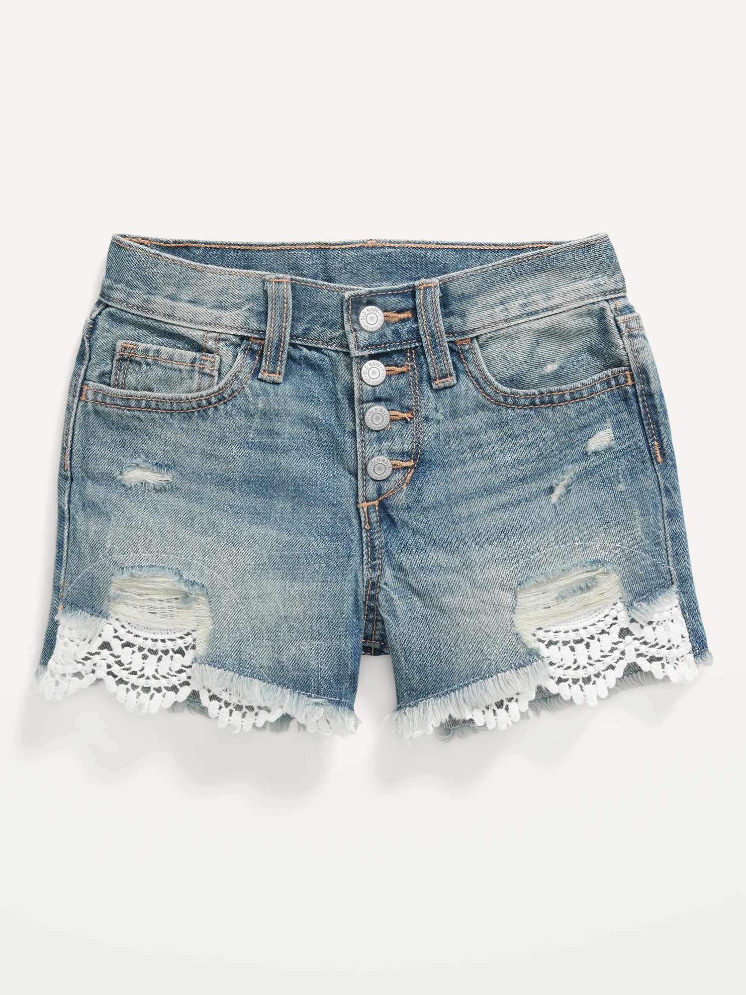 High-Waisted Button-Fly Lace-Trim Jean Shorts for Girls
