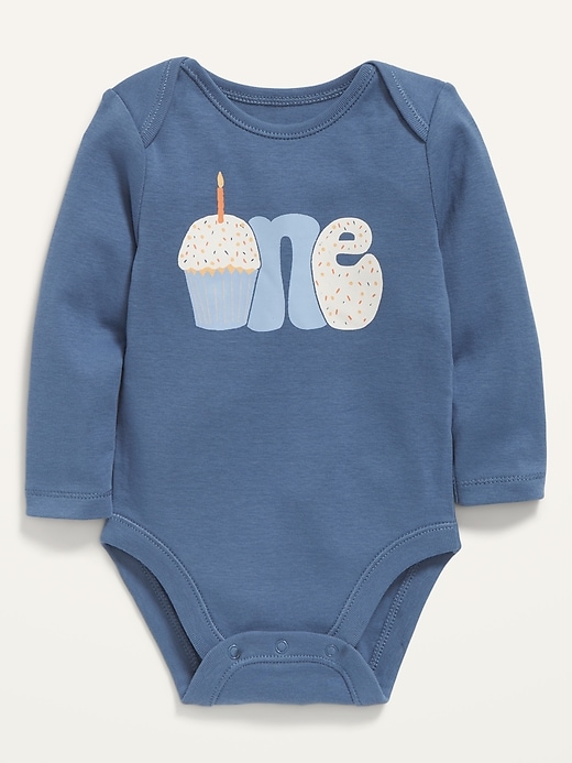 View large product image 1 of 2. Unisex Long-Sleeve "One" Birthday-Graphic Bodysuit for Baby