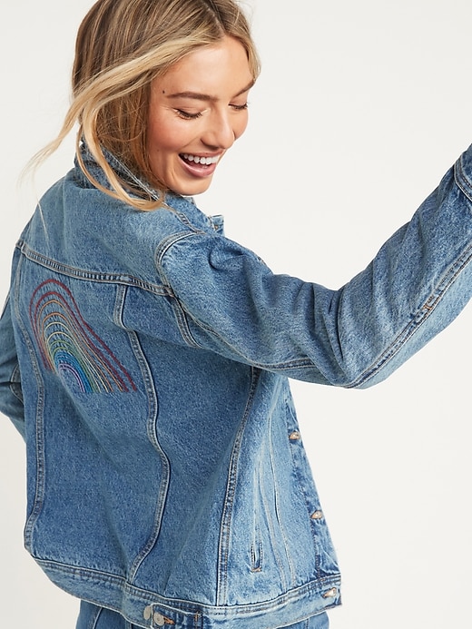 View large product image 1 of 3. Embroidered Pride Boyfriend Jean Jacket for Women