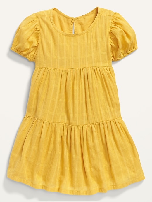 View large product image 1 of 2. Puff-Sleeve Tiered Dobby Swing Dress for Toddler Girls