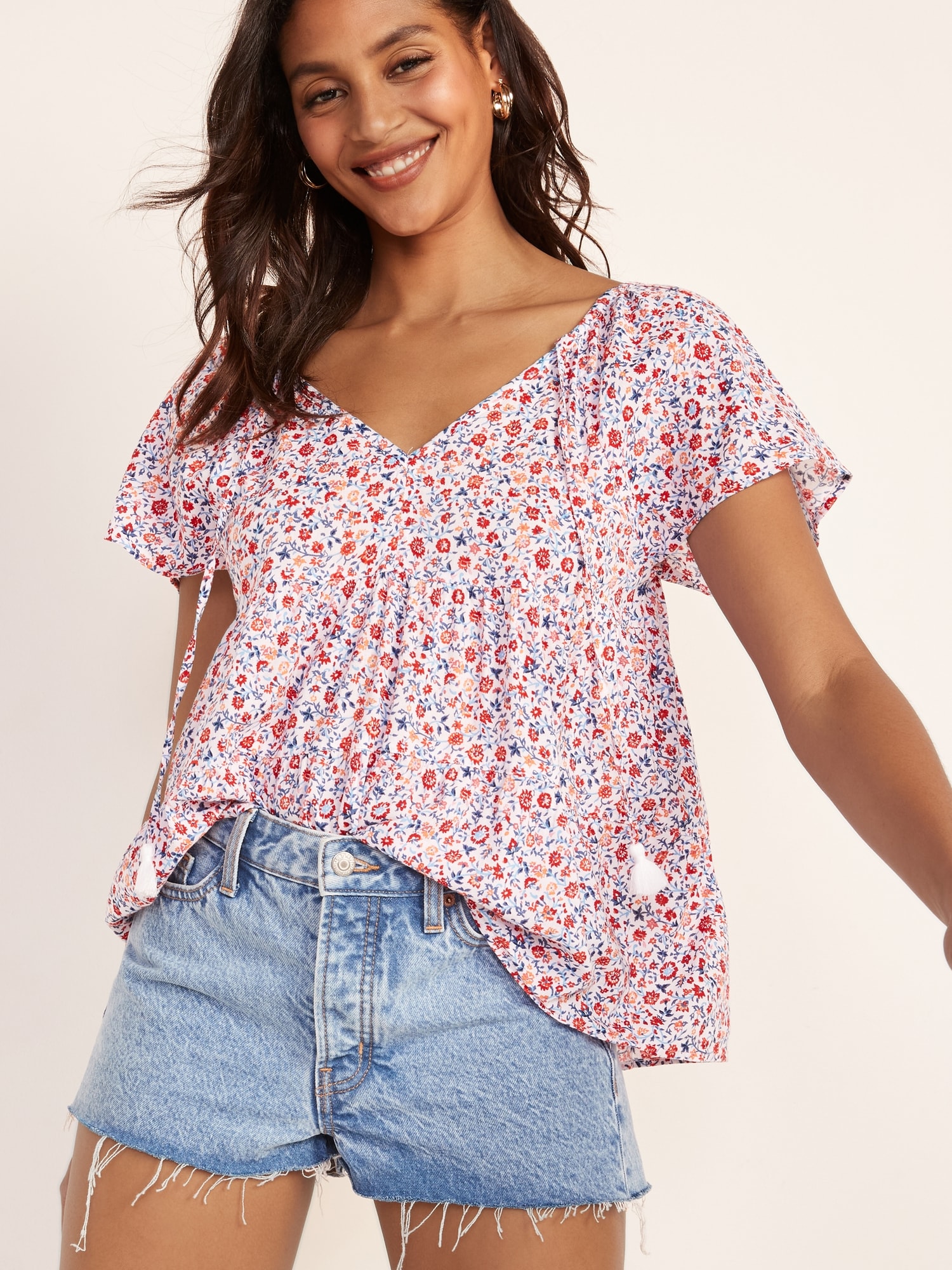 Tiered Floral-Print Tie-Back Top for Women