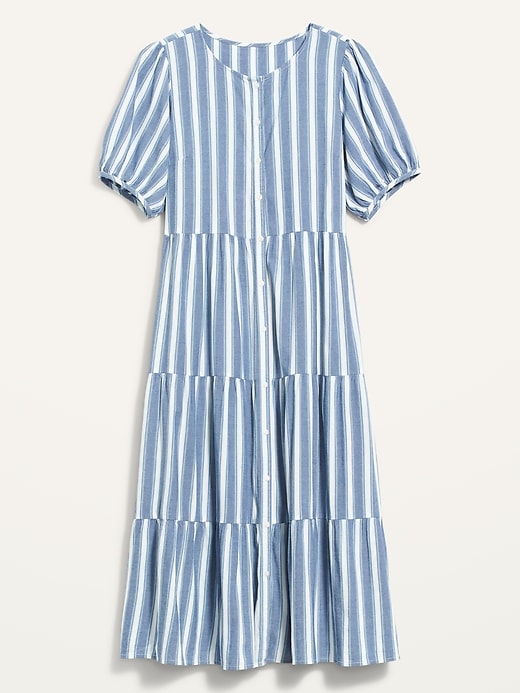 Image number 4 showing, Puff-Sleeve Tiered Striped Midi Swing Dress for Women