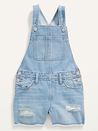 View large product image 3 of 3. Light-Wash Distressed Jean Shortalls for Girls