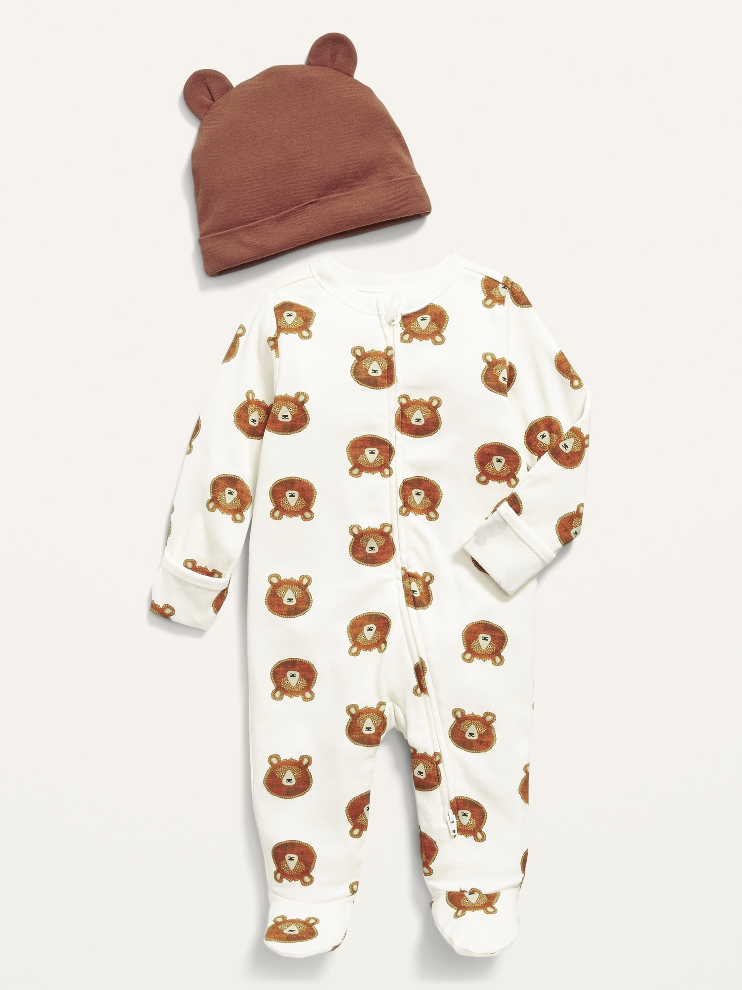 Unisex Printed Sleep & Play Footed One-Piece and Critter Beanie Set for Baby