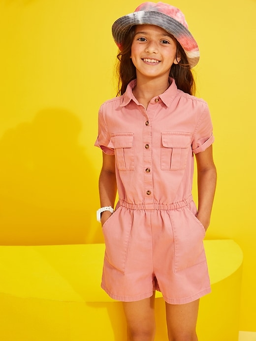 View large product image 1 of 2. Twill Utility-Pocket Short-Sleeve Romper for Girls