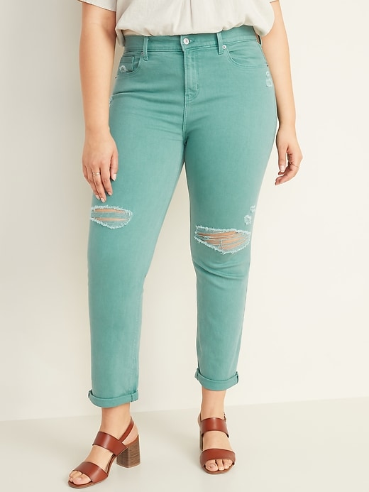 Image number 1 showing, Mid-Rise Distressed Pop-Color Boyfriend Straight Jeans for Women