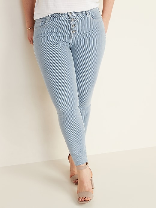 Image number 1 showing, Mid-Rise Button-Fly Railroad-Stripe Rockstar Super Skinny Jeans for Women