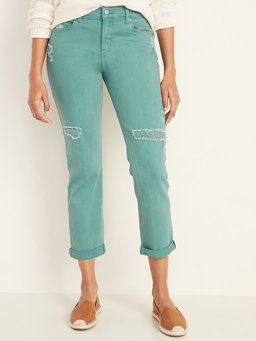 Image number 5 showing, Mid-Rise Distressed Pop-Color Boyfriend Straight Jeans for Women