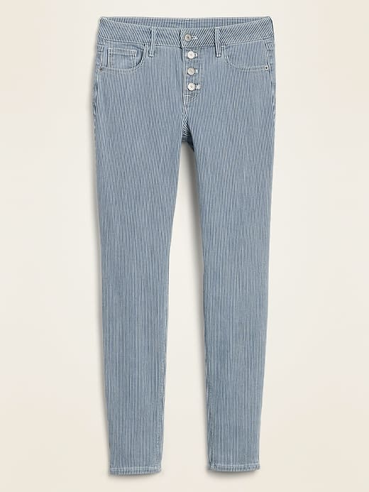 Image number 4 showing, Mid-Rise Button-Fly Railroad-Stripe Rockstar Super Skinny Jeans for Women