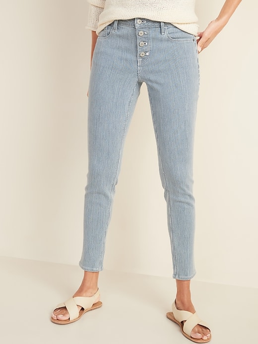 Image number 5 showing, Mid-Rise Button-Fly Railroad-Stripe Rockstar Super Skinny Jeans for Women