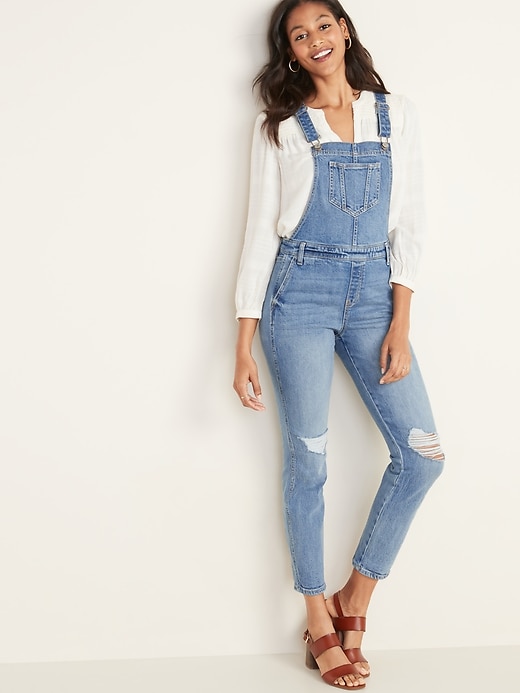 Image number 5 showing, Distressed Jean Side-Zip Overalls for Women