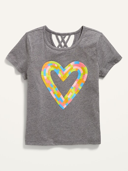 View large product image 1 of 2. Short-Sleeve Graphic Lattice-Back T-Shirt for Girls