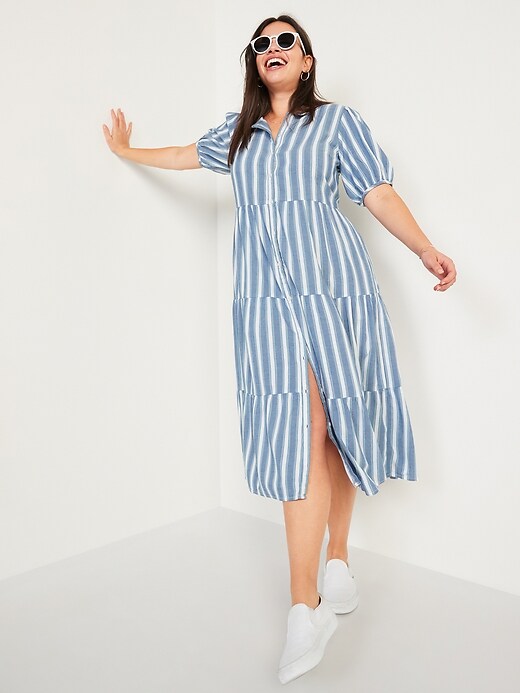 Image number 1 showing, Puff-Sleeve Tiered Striped Midi Swing Dress