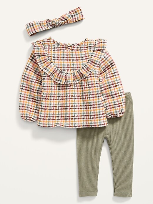 View large product image 1 of 2. 3-Piece Gingham Top, Headband & Solid Leggings Set for Baby