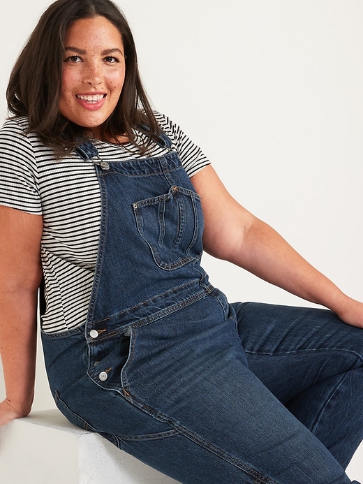 Image number 3 showing, Slouchy Straight Workwear Dark-Wash Jean Overalls for Women