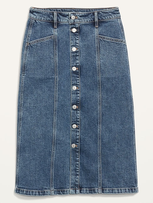 Image number 4 showing, High-Waisted Button-Front Medium Acid-Wash Jean Midi Skirt for Women