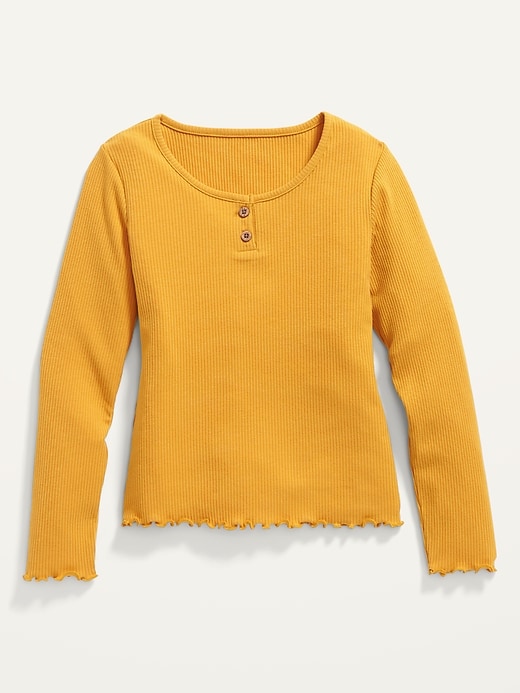 View large product image 1 of 2. Rib-Knit Lettuce-Edge Henley T-Shirt for Girls
