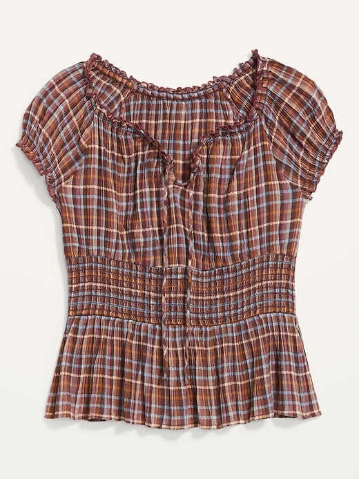 Image number 4 showing, Plaid Smocked-Waist Short-Sleeve Peplum Top for Women