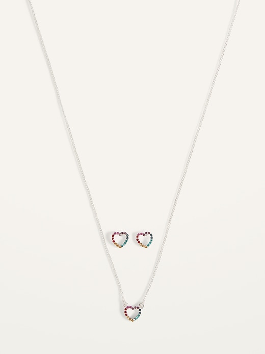 Old Navy Multi-Color Rhinestone Heart Necklace & Stud Earrings Set For Women. 1