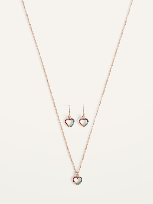 Old Navy Rainbow Rhinestone Heart Pendant Necklace & Drop Earrings Set For Women. 1