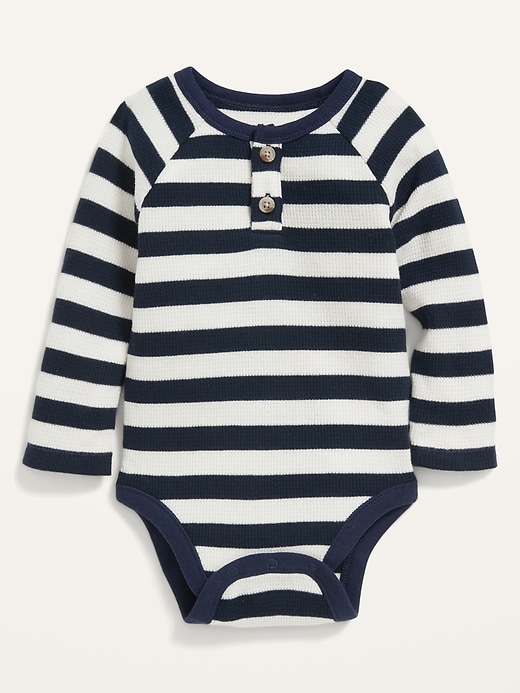 View large product image 1 of 2. Unisex Long-Sleeve Striped Thermal Henley Bodysuit for Baby