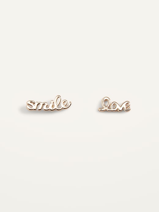 View large product image 1 of 2. Gold-Toned "Smile/Love" Stud Earrings For Women