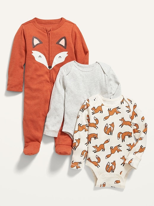 View large product image 1 of 1. Unisex 3-Piece Long-Sleeve Bodysuit & Footed One-Piece Set for Baby
