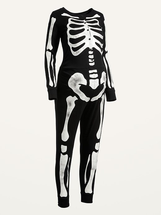 View large product image 2 of 2. Maternity Matching Halloween Glow-in-the-Dark Skeleton One-Piece Pajamas for Women