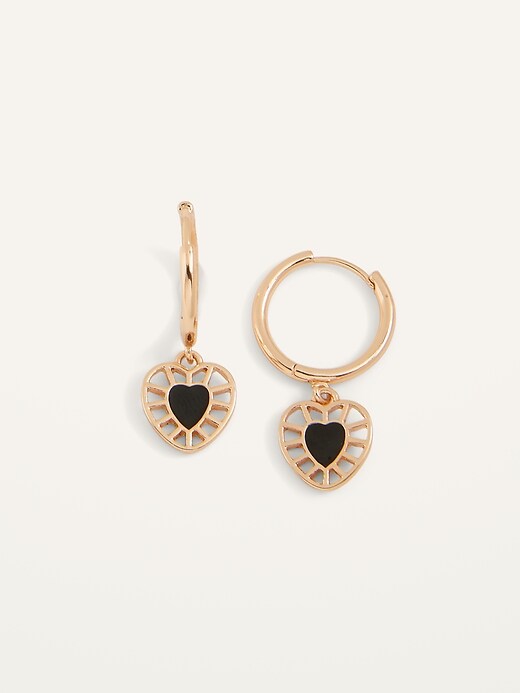 View large product image 1 of 1. Gold-Toned Heart-Drop Hoop Earrings For Women