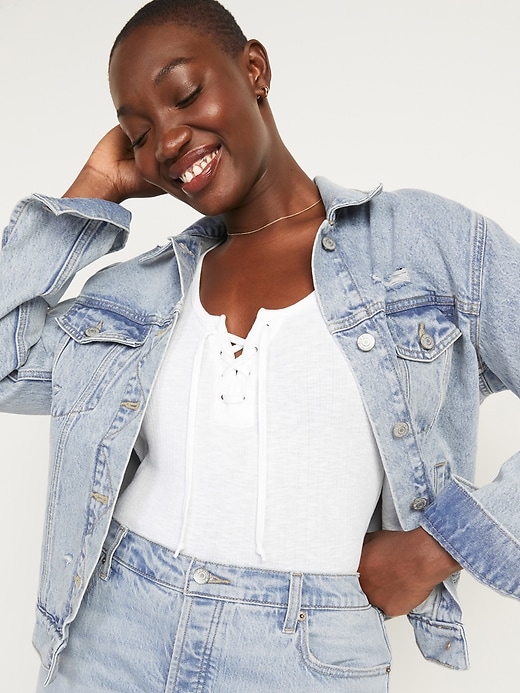 Image number 1 showing, Classic Ripped Light-Wash Jean Jacket for Women