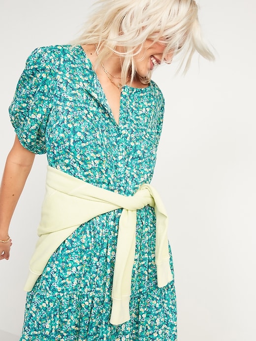 Image number 3 showing, Floral Puff-Sleeve Button-Front Midi Swing Dress
