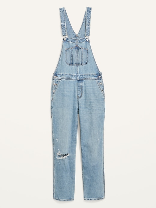 Image number 4 showing, Light-Wash Slouchy Straight Workwear Ripped Jean Overalls for Women