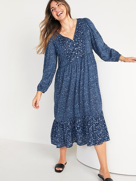 Image number 1 showing, Long-Sleeve Fit & Flare Tiered Midi Dress for Women