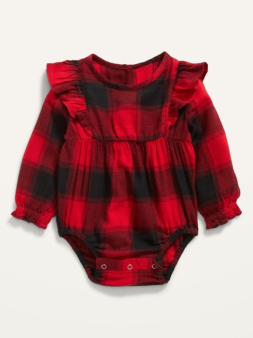 View large product image 1 of 2. Ruffled Long-Sleeve Buffalo Plaid Bodysuit for Baby