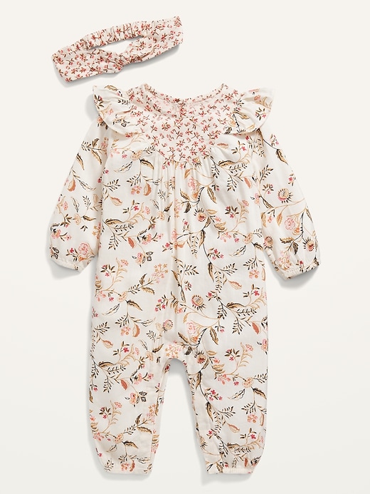 Long-Sleeve Floral One-Piece and Headband Set for Baby
