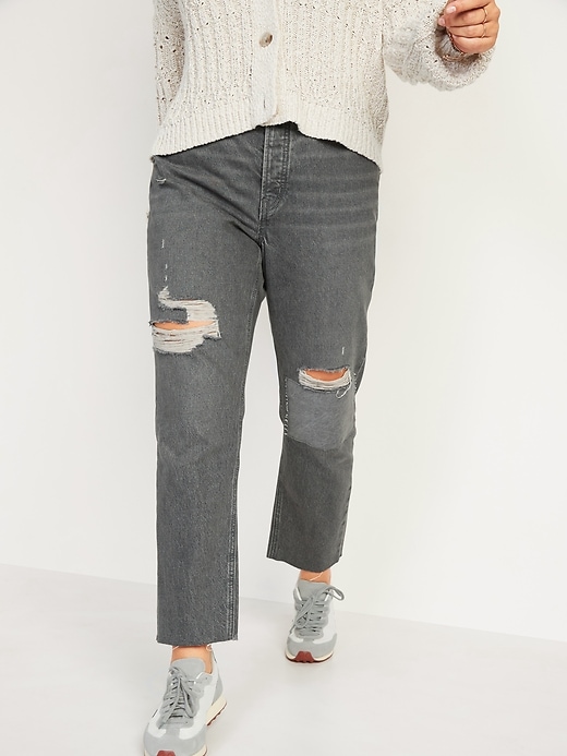 Image number 1 showing, Extra High-Waisted Button-Fly Sky-Hi Straight Patchwork Non-Stretch Jeans for Women