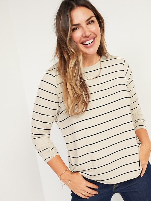 View large product image 1 of 1. Luxe Long-Sleeve Crew-Neck Striped T-Shirt for Women