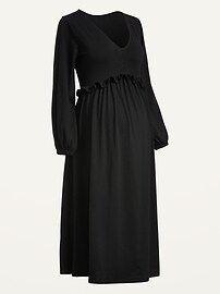 Maternity V-Neck Blouson-Sleeve Midi Swing Dress