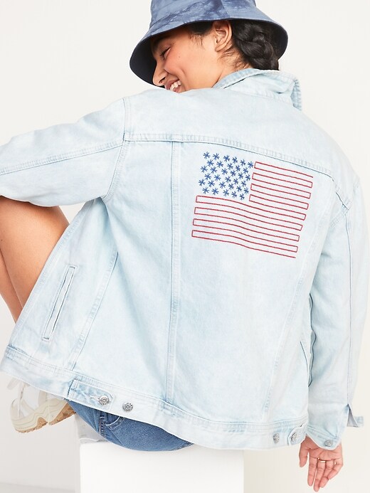 Image number 1 showing, Embroidered American Flag Boyfriend Jean Jacket for Women