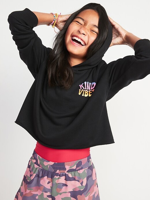 Vintage Slouchy Graphic Cropped Raw-Edged Hoodie for Girls