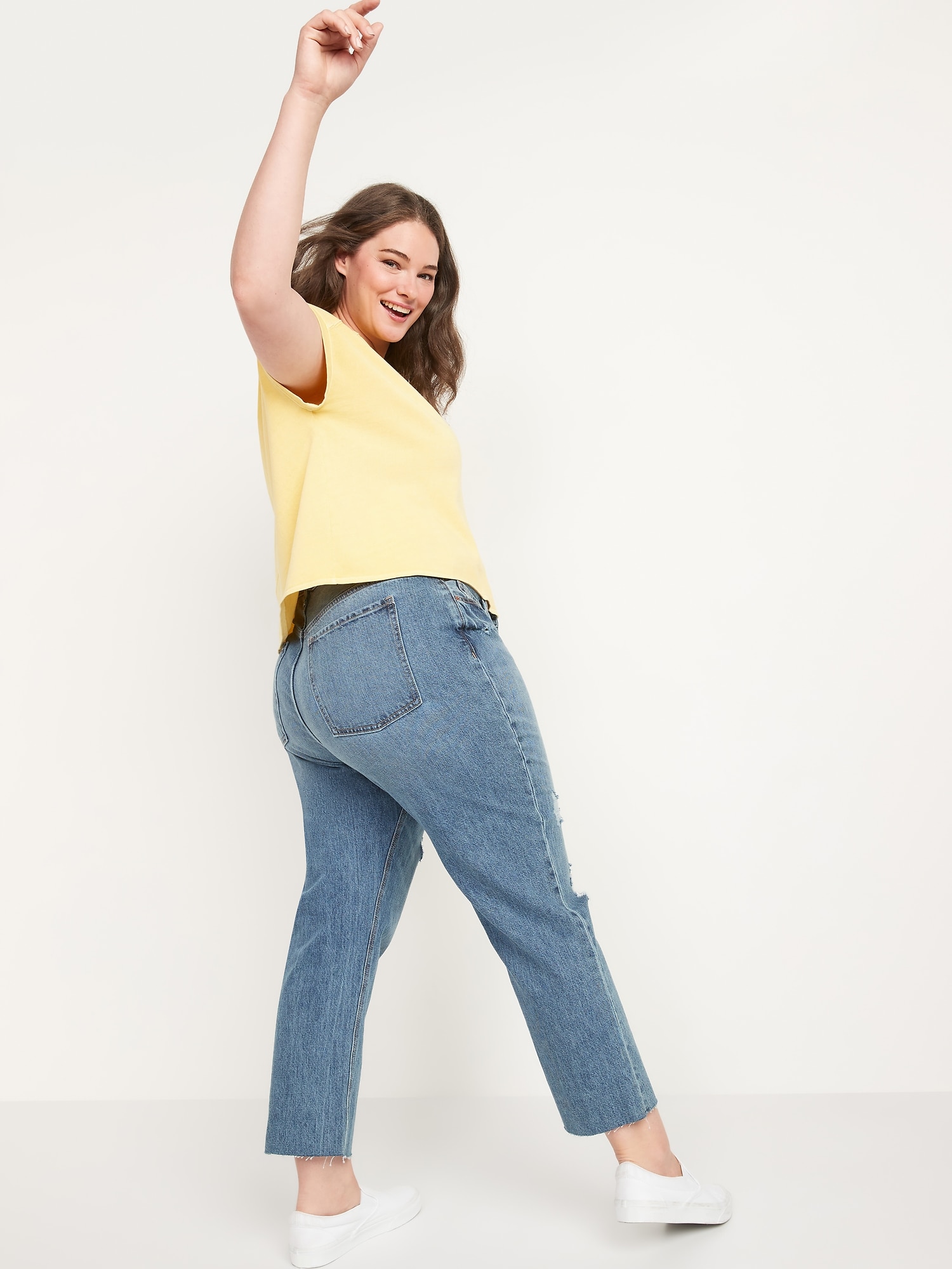 High-Waisted Slouchy Straight Cropped Jeans for Women | Navy