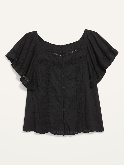 View large product image 2 of 2. Oversized Clip-Dot Crochet-Lace Button-Front Blouse for Women