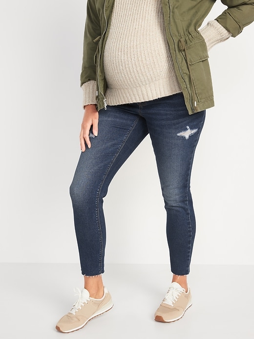 Image number 1 showing, Maternity Front Low Panel Rockstar Super Skinny Ripped Cut-Off Jeans